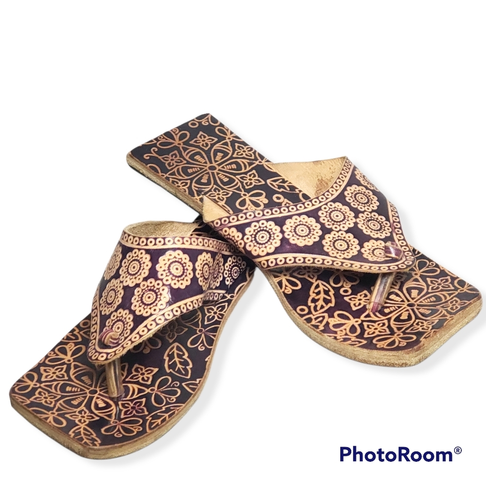 Leather Boho embossed leather sandal flip flop